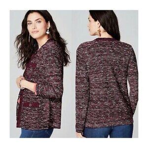 J. JILL Women's Cranberry Fringe Tweed Knit Cardigan Jacket Preppy Size M